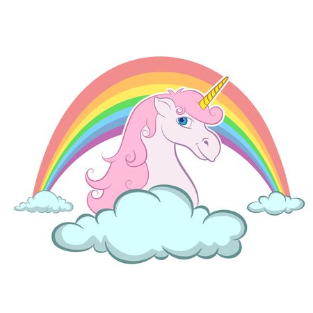 Unicorn head portrait vector illustration. Magic fantasy horse design for children t-shirt and bags. Childish character White unicorn with pink hairのイラスト素材