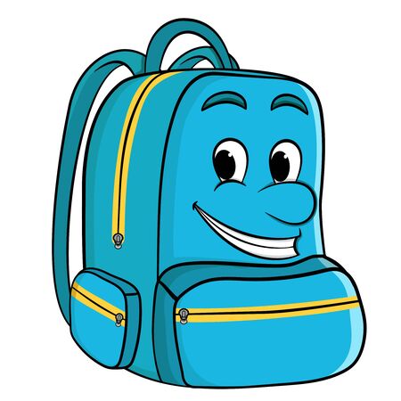 Cartoon school backpack in blue with a face. Back to school. vector on a white backgroundのイラスト素材