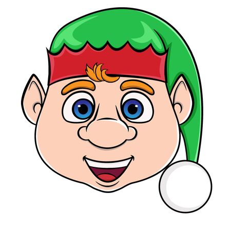 Christmas elf head in a green hat. cartoon smiling christmas character. santa claus helper. isolated vector on white backgroundのイラスト素材