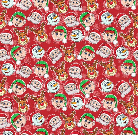 New Year, Christmas seamless pattern on a red background with cartoon characters.のイラスト素材