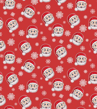 Seamless pattern with Santa Claus and snowflakes on a red background. Christmas illustration. Pattern for wallpaper, packaging, wrapping paper, textile, fabric.のイラスト素材