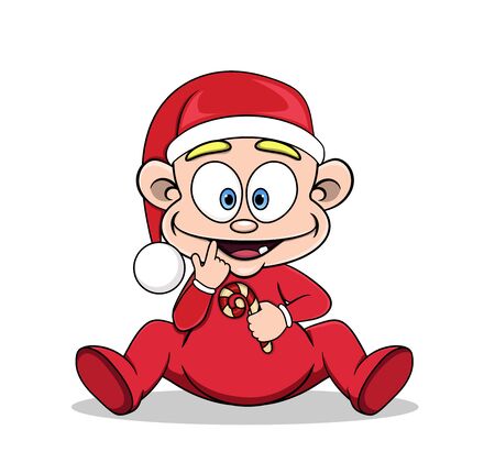 Cartoon baby in a Christmas hat with a lollipop in his hands. vector imageのイラスト素材