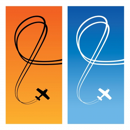 Plane with line of track over blue and orange background. Vertical card.  illustration.のイラスト素材