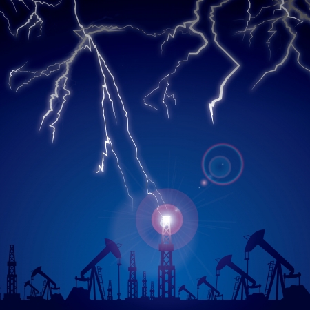 Lightning strikes in the oil rig located at the site of the oil pumps against the night sky のイラスト素材