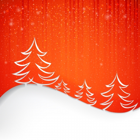 Firs over red background with white snowflakes. Vector illustration.のイラスト素材