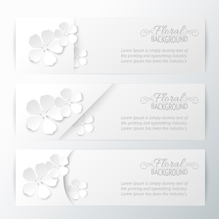 Set of three banners with white flowers and copy space  Vector illustration, contains transparencies, gradients and effects のイラスト素材