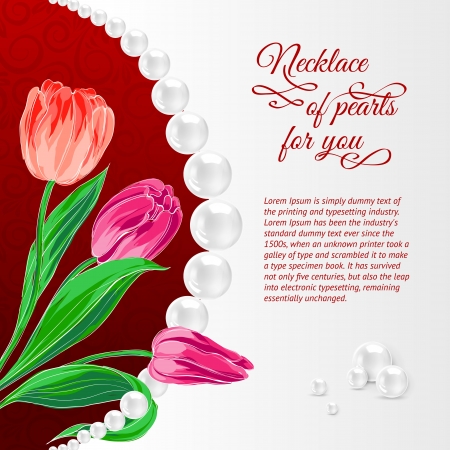 Pearl necklace on red  Vector illustration, contains transparencies, gradients and effects のイラスト素材