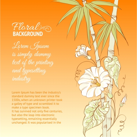 Bindweed flower and bamboo on orange background illustration のイラスト素材