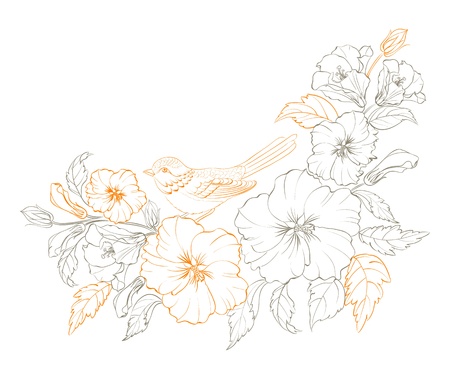 Bird sitting on a branch of hibiskus. Vector illustration.のイラスト素材