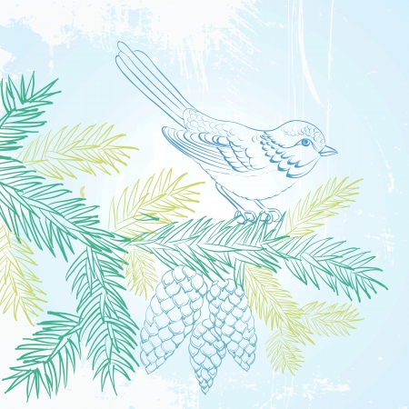 Bird on christmas fir and pinecone. Vector illustration.のイラスト素材