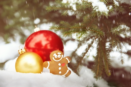Toy ball and snowman over fir tree.