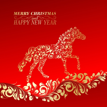 Christmas Greeting Card. Vintage card with horse. Vector illustration.のイラスト素材