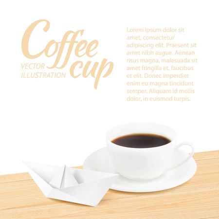 Coffee cup with paper ship over wooden tableのイラスト素材