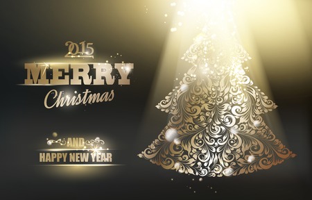 Gold ornamental fir-tree glow over dark background on christmas night. Vector illustration.のイラスト素材