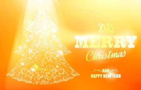 Bright ornamental fir-tree glow over orange background for christmas holiday. Vector illustration.のイラスト素材