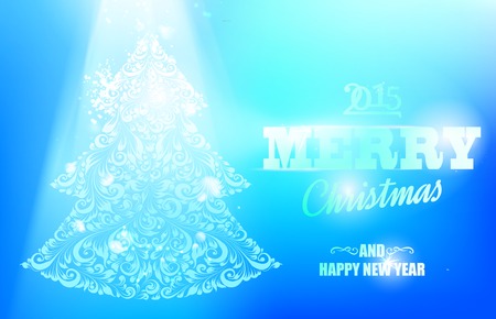 Bright ornamental fir-tree glow over blue background for christmas holiday. Vector illustration.のイラスト素材