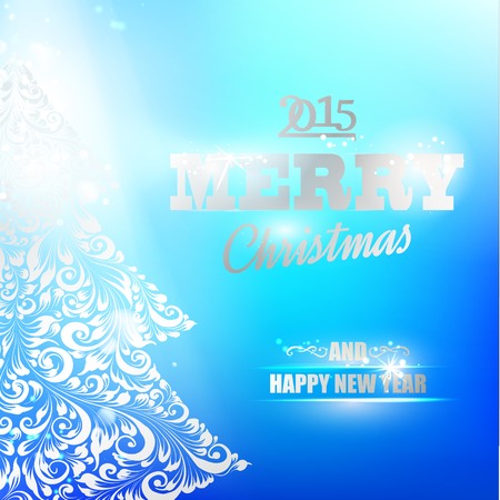 Bright ornamental fir-tree glow over blue background for christmas holiday. Vector illustration.のイラスト素材