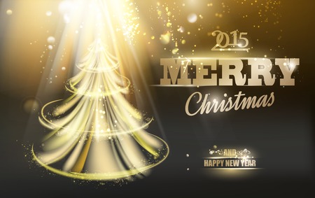 Gold shine fir-tree over blue christmas background. Vector illustration.のイラスト素材