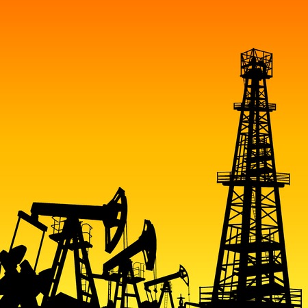 Oil derrick industrial machine for drilling over the sunset. Vector illustration.のイラスト素材