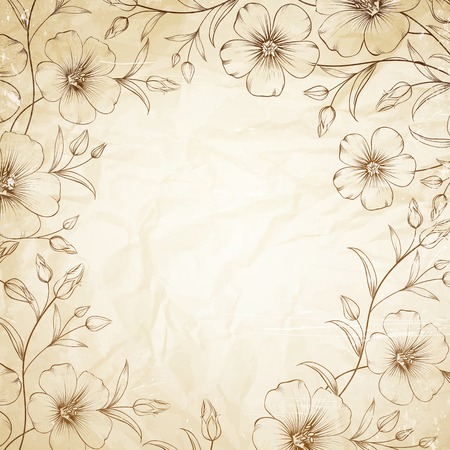Linum flower frame over old paper. Vector illustration.のイラスト素材