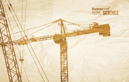 Highrise tower crane placed over old paper. Vector illustration.のイラスト素材