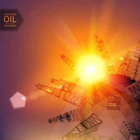 Oil derricks planet over sunset. Vector illustration.のイラスト素材