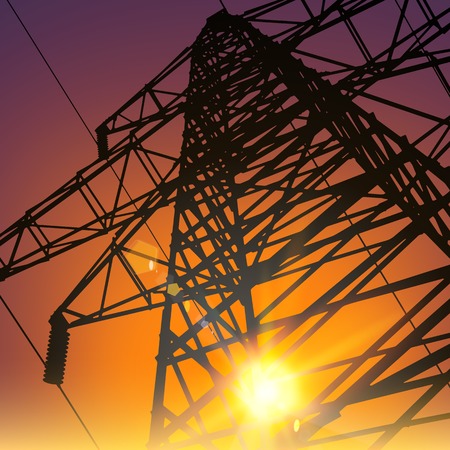 Electrical Transmission Line of High Voltage Over Sunset. Vector Illustration.のイラスト素材