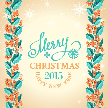 Merry christmas card with line border of misletoe wreath. Vector illustration.のイラスト素材