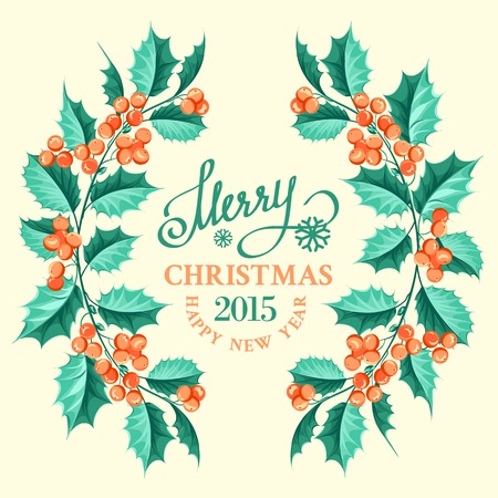 Christmas mistletoe branch frame drawing with holiday text. Vector illustration.のイラスト素材