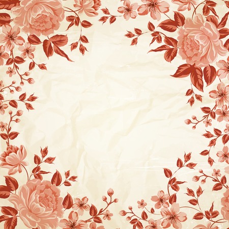 Vintage flower frame with peonies over sepia paper bachground. Vector illustration.のイラスト素材