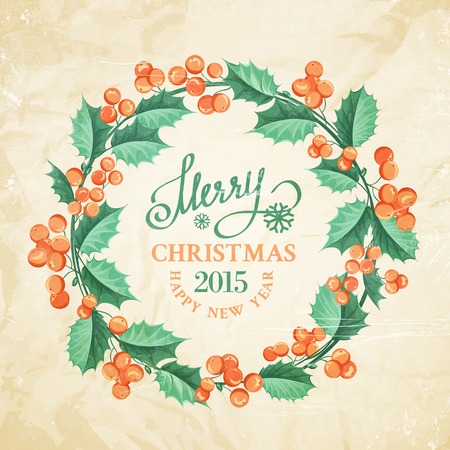 Christmas mistletoe wreath over paper texture. Vector illustration.のイラスト素材