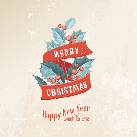 Vintage christmas mistletoe card with ribbon text. Vector illustration.のイラスト素材