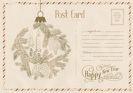 Happy new year card with bird, candles and spruce. Vector illustration.のイラスト素材