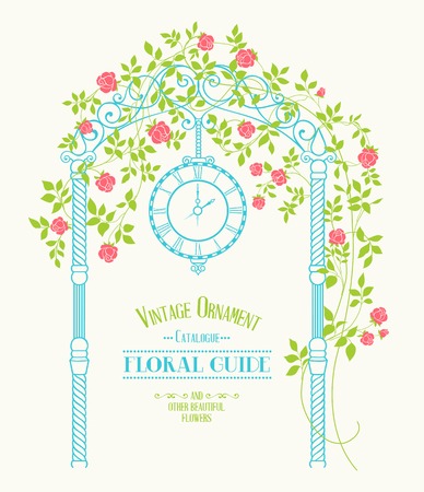 Vitage label for floral guide with wedding arch and roses over gray background. Vector illustration.のイラスト素材