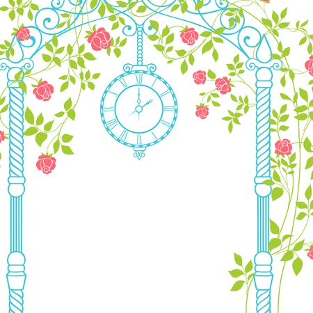 Wedding arch with roses and leaves on the greeting card. Vector illustration.のイラスト素材