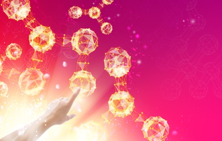 Human hand point on molecules. Vector illustration.のイラスト素材