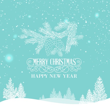 Merry Christmas Landscape with snow hills and trees. Vector illustration.のイラスト素材
