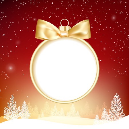 Golden hristmas ball on background with forest in snow and hills. Vector illustration.のイラスト素材