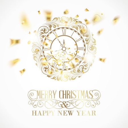 Merry christmas sign and clock circle with golden confetti over white background. Vector illustration.のイラスト素材