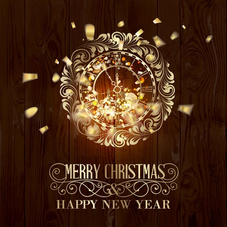 Clock circle and golden confetti over wooden background for merry christmas. Vector illustration.のイラスト素材