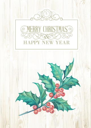 Christmas mistletoe branch isolated over wooden background. Vector illustration.のイラスト素材
