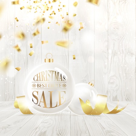 Christmas sale text on the ball with curves of ribbon confetti over wooden background. Vector illustration.のイラスト素材
