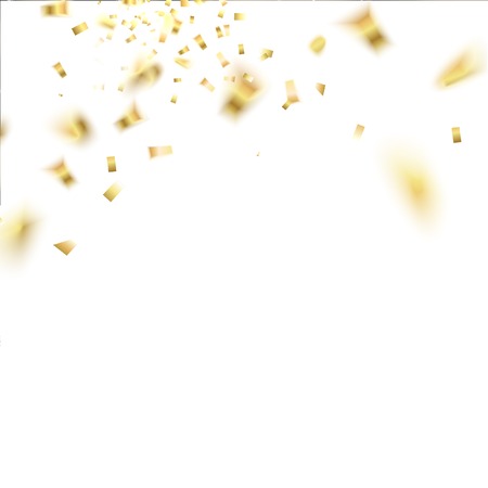 Golden confetti falls isolated over white background. Vector illustration.のイラスト素材