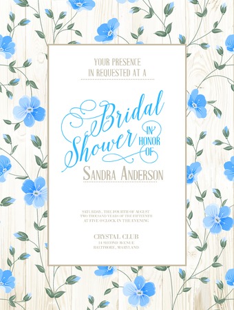 Bridal Shower invitation with flowers over wooden pattern. Vector illustration.のイラスト素材