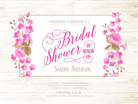 Bridal shower invitation with ivory background on wooden pattern, vintage floral invitation for spring or summer bridal shower. Vector illustration.のイラスト素材