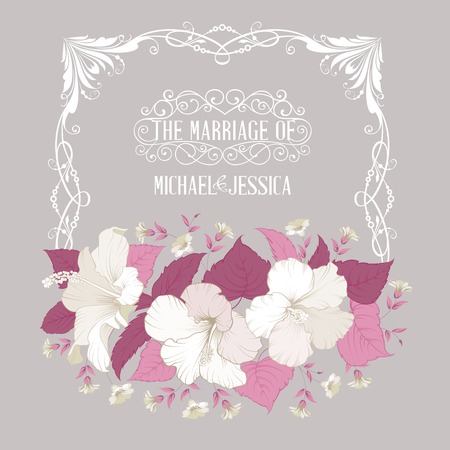 Printable marriage invitation with flowers over gray background. Vector illustration.のイラスト素材