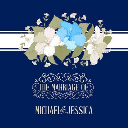 Printable marriage invitation with flowers over blue background. Vector illustration.のイラスト素材