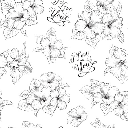 Marriage seamless pattern with exotic flowers and romantic sign. I love you text. Vector illustration.のイラスト素材