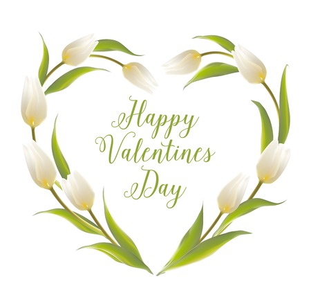 Tulip heart frame bouquet over white background. Vector illustration.のイラスト素材