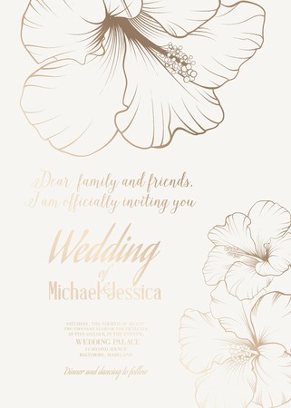 Wedding invitation with names Michael and Jessica with exotic flowers. Vector illustration.のイラスト素材